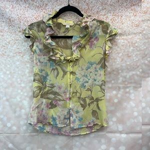 St. John Couture Silk Floral Ruffle Blouse with Pearl Button Detail